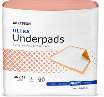 McKesson Ultra Underpads, Incontinence, Heavy Absorbency, 36 in x 36 in, 5 Count