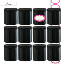 Pack of 12-8 Ounce All-Purpose Black Jars with Lids & Labels, Refillable BPA-Free Plastic Pots - Large Empty Round Cosmetic Containers for Body Butter, Bath Sugar & Salt Scrubs, Slime and More