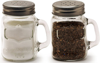 Circleware Glass Mini Mason Jar Mug Salt and Pepper Shakers with Handles & Metal Lids, Kitchen Glassware Preserving Containers, Perfect Himalayan Seasoning Spices, 2-Piece Set, 5 oz, Clear, Silver