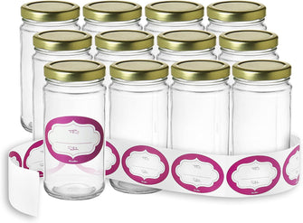 Pack of 12 - Glass Round 12 Oz Jars with Gold Lids and Labels Perfect for Home Canning, Pickling, Gifts, Presentation, Baby Showers, Baby Food Storage, Wedding Favors, Juicing, Housewarming, Pantry