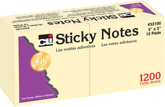 Charles Leonard Sticky Notes, 3 x 3 Inch, 100 Sheets/Pad, Yellow, 12 Pads