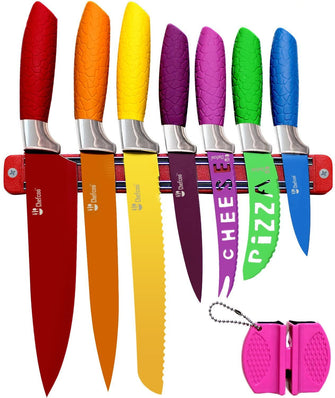 Chefcoo Kitchen Knife Set Plus Magnetic Strip and Sharpener One Cutlery Knives-Best Color Cooking Gadgets-Includes Cheese, Pizza, Paring, 14.5 x 10.9 x 1.5 inches, Red, Yellow, Blue, Green, Pink
