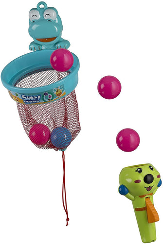 Mix Maxx Flying Ball & Hoop Baby Bath Toy with Suction Cups and Shower Rod Hooks - Includes Launcher, 8 Balls & Basketball Hoop - 100% Waterproof