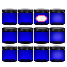 DilaBee 12-Pack 8 Ounce Plastic Cobalt Blue Refillable Slime/Cosmetic Jars with Lids and Labels, Round Containers For Beauty Products, Cream, Exfoliating Scrub, Face Masks and Lotion