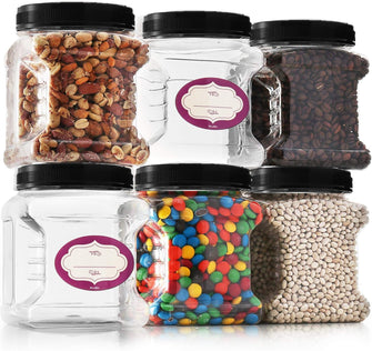 DilaBee Clear Plastic Storage Jars with Lids - 6 Pack - Square Plastic Containers with Airtight Lids - Canisters with Pinch Grip Handles - BPA-Free - 48 Oz