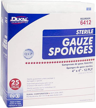 Dukal Gauze Sponge - Sterile, 4" x 4" 12-ply - Model 6412 - Box of 50