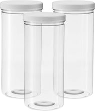 80 Ounce Tall Clear Empty Plastic Jars with Screw-on Lids & Labels - Pack of 3 Large 2.5 quart 10 cup capacity Plastic Cylinder Containers - Food Grade BPA Free Airtight Leak Proof Canisters