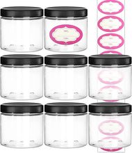 DilaBee 8-Pack 16 Ounce Large Elegant Refillable Clear Plastic Jars with Lids and Labels Round Container For Beauty Products Cream Exfoliating Scrub Face Masks and Lotion