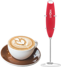 Electric Milk Frother Handheld for Drink Mixer Battery Operated, Latte, Coffee, Foam and Cappuccino Maker - Includes Stainless Steel Stand Red