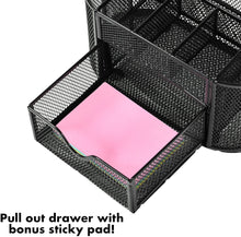 CoFads Desk Organizer Wire Mesh 8 Compartment with Additional Drawer, Office Supplies Caddy, Bonus Pack of 100 Sticky Notes Included, Color Black.
