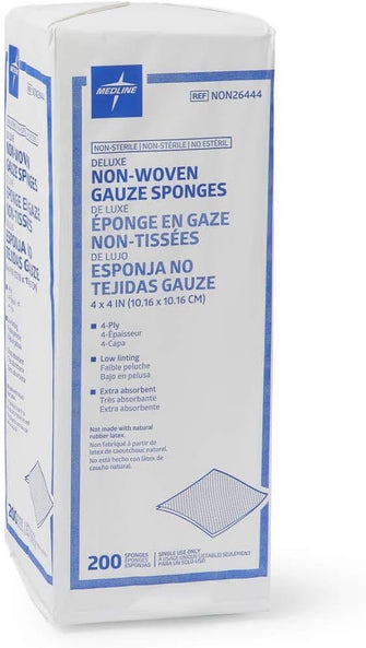 Medline Deluxe Gauze Sponge, Non-Sterile, Nonwoven, Absorbent, Low Linting, Fast Wicking, 4-Ply, 4" x 4" (Pack of 2000)