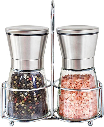 Deluxe Salt & Pepper Grinder With Stand | Peppermill - Dual Spice Mill Set With Adjustable Coarseness | Stainless Steel Seasoning Dispenser | Easy Refill Small