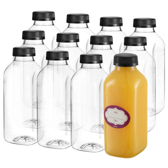 16 Oz Empty Plastic Juice Bottles with Lids 12 Pack Large Square Drink Containers - Great for Storing Homemade Juices Water Smoothies Tea and Other Beverages - Food Grade BPA Free