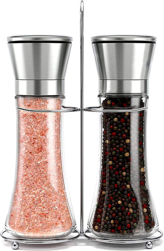 Stainless Steel Salt and Pepper Grinder Set -Tall Shaker, Adjustable Coarseness, Refillable -Sea Salt, Black Peppercorn Mill