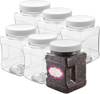 DilaBee Clear Plastic Storage Jars with Lids - 6 Pack - Square Plastic Containers with Airtight Lids - Canisters with Pinch Grip Handles - BPA-Free - 32 Oz