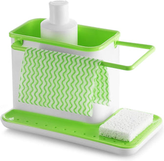 Kitchen Sponge Holder for Sink - Kitchen Sink Caddy - Sink Organizer with Brush Dispenser Holder and Drain Pan Tray - Dish Sponge Holder â€“ Dual Use Sponge Brush Soap Dish Holder with Rag Rack