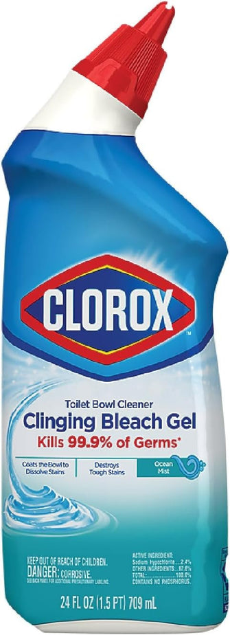 Clorox Toilet Bowl Cleaner, Clinging Bleach Gel, Cool Wave Scent, 24 Ounces