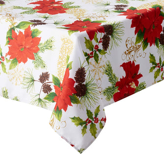 HomeCrate Belle Decorative Christmas Poinsettia Printed Tablecloth, 60" X 104", Ivory